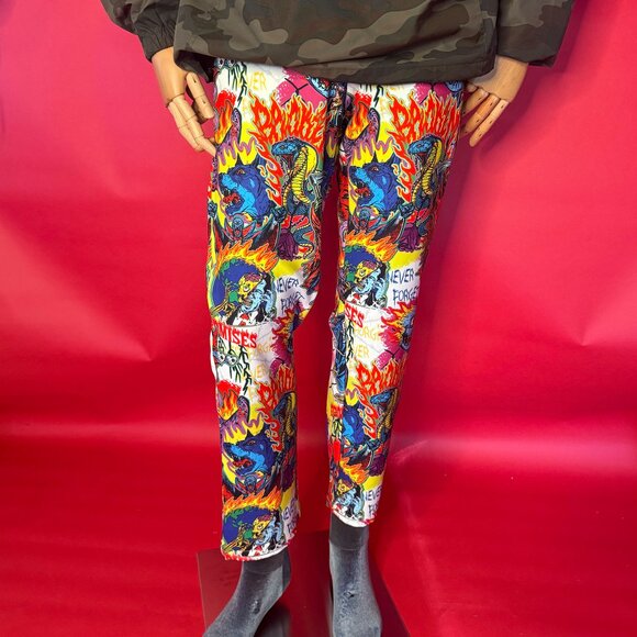 Broken Promises Street Style Pants – Graphic Flames & Devils – Size S - Picture 1 of 12